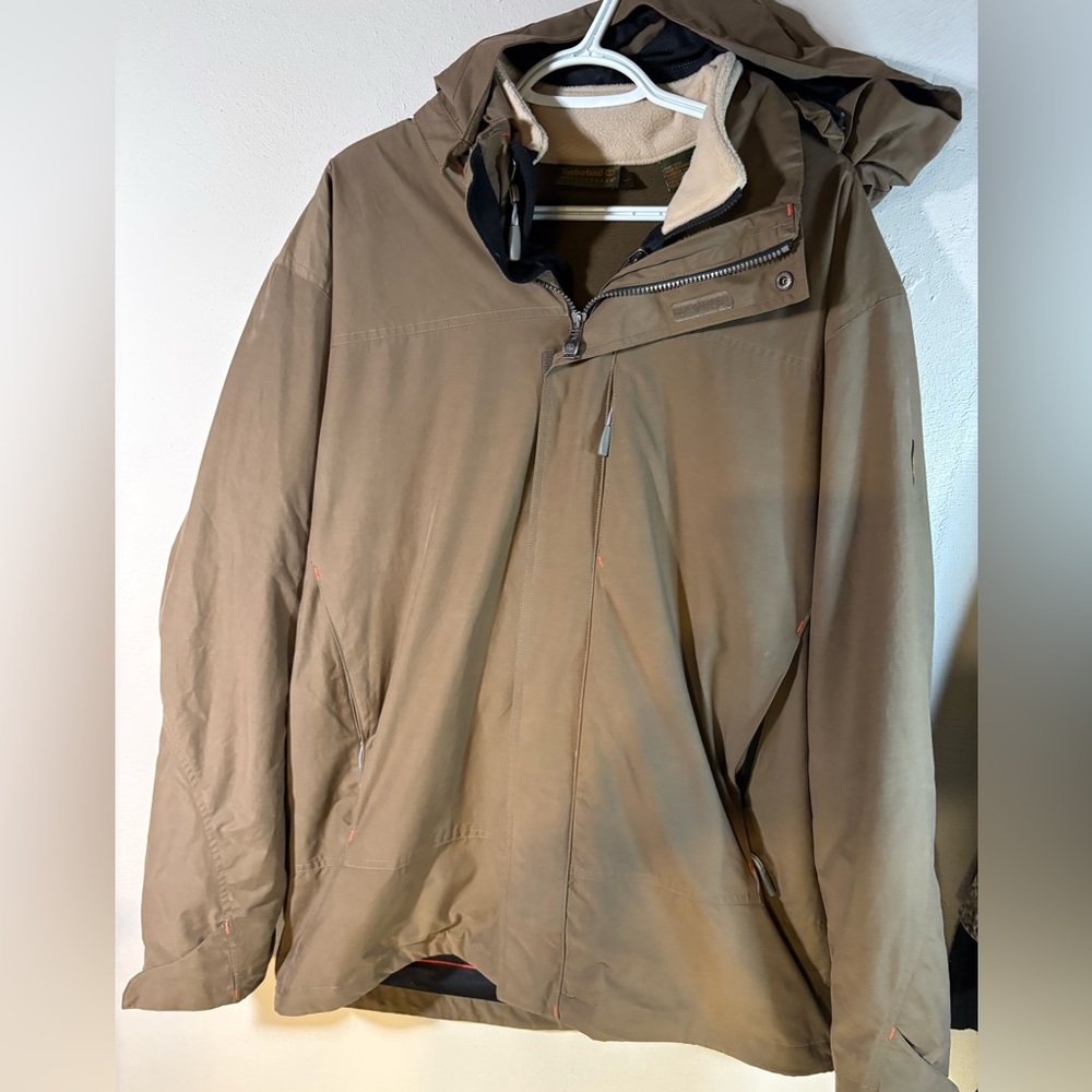 Timberland 2 Layer Winter Coat Olive Brown Sz  L  Zip out Liner Orange Accents